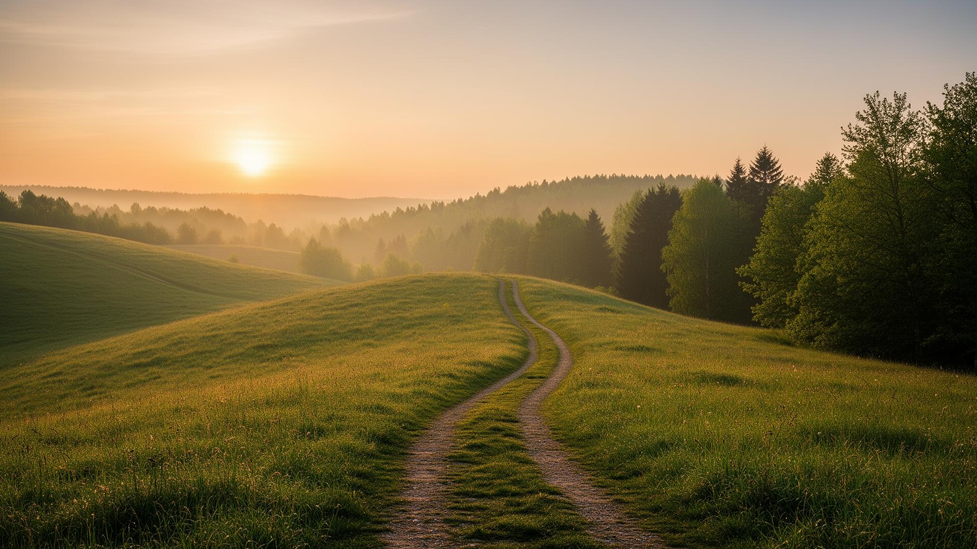 Sunrise over rolling green hills